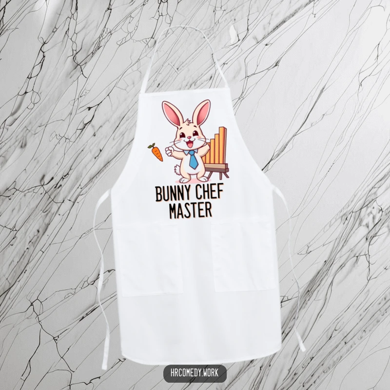 Funny apron featuring a bunny in a tie, excitedly pointing at a bar chart with a carrot, perfect for the motivated cook.