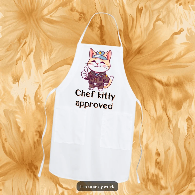 Funny apron featuring a cat in a small uniform, enthusiastically giving a thumbs up, perfect for the kitchen.