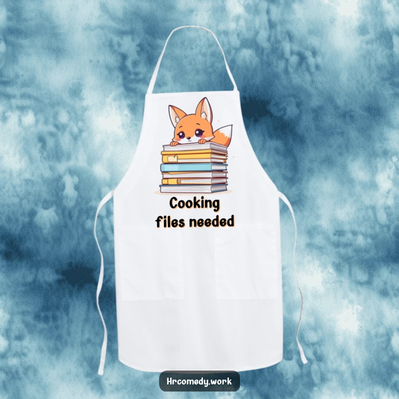 Funny apron with a sly fox peeking over files, perfect for cooks who enjoy humor and a touch of mystery.
