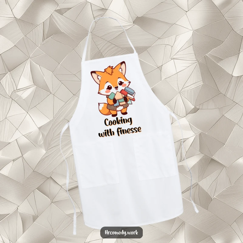Funny apron featuring a smiling fox in a vest holding a pile of forms, perfect for the organized cook.