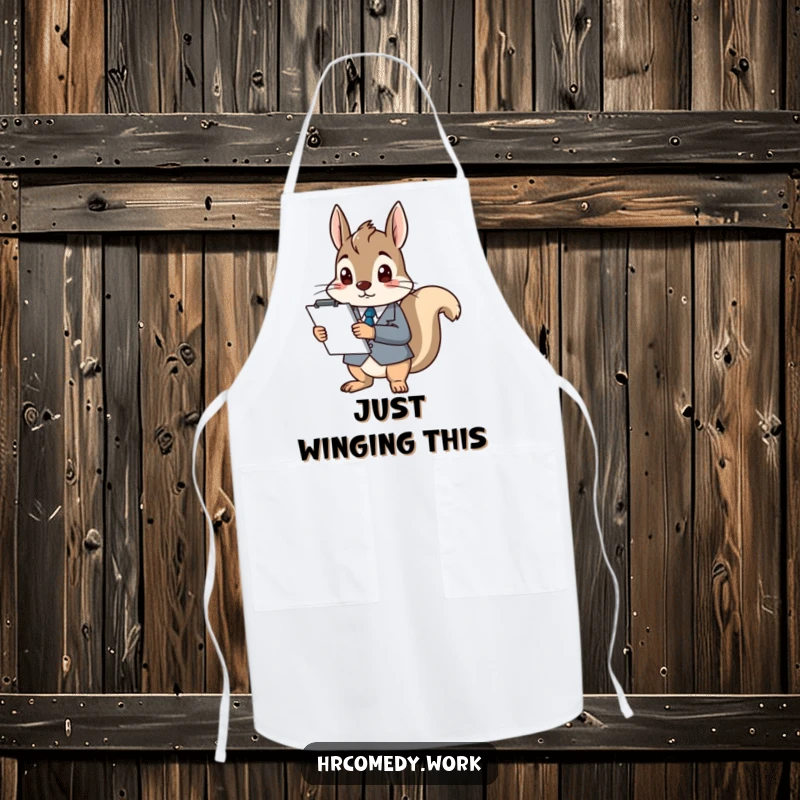 Funny apron featuring a squirrel in a tiny suit, holding a large clipboard and looking extremely confused in the kitchen.