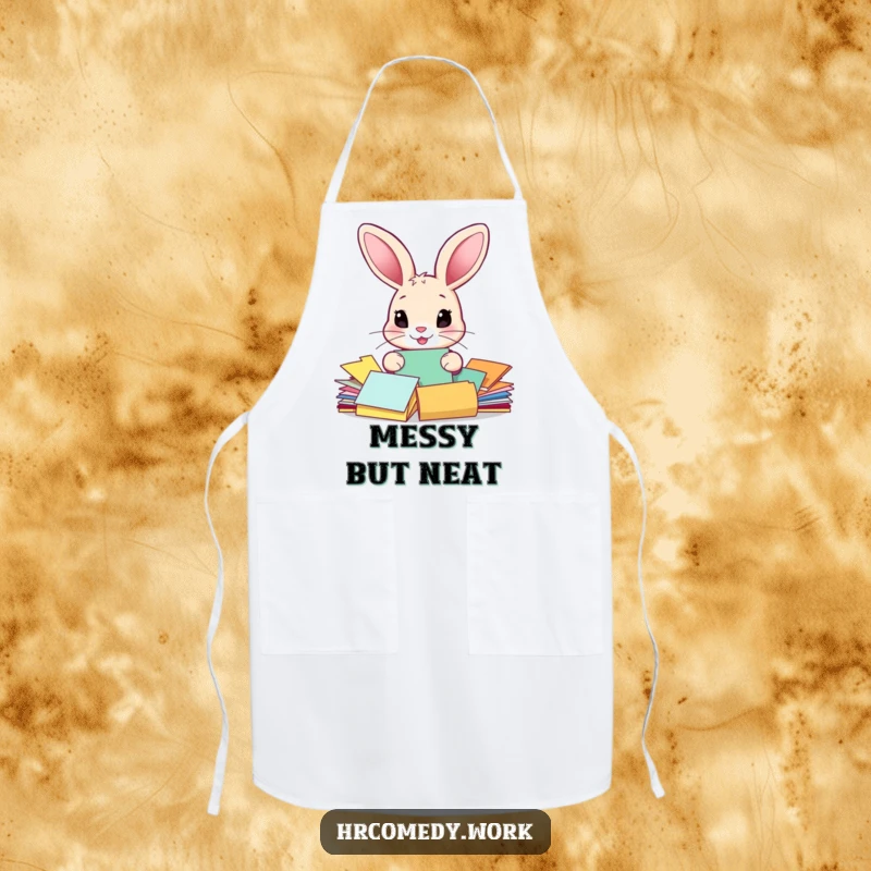 Funny apron featuring a rabbit sorting colorful papers, ideal for cooks who appreciate humor and an organized kitchen.