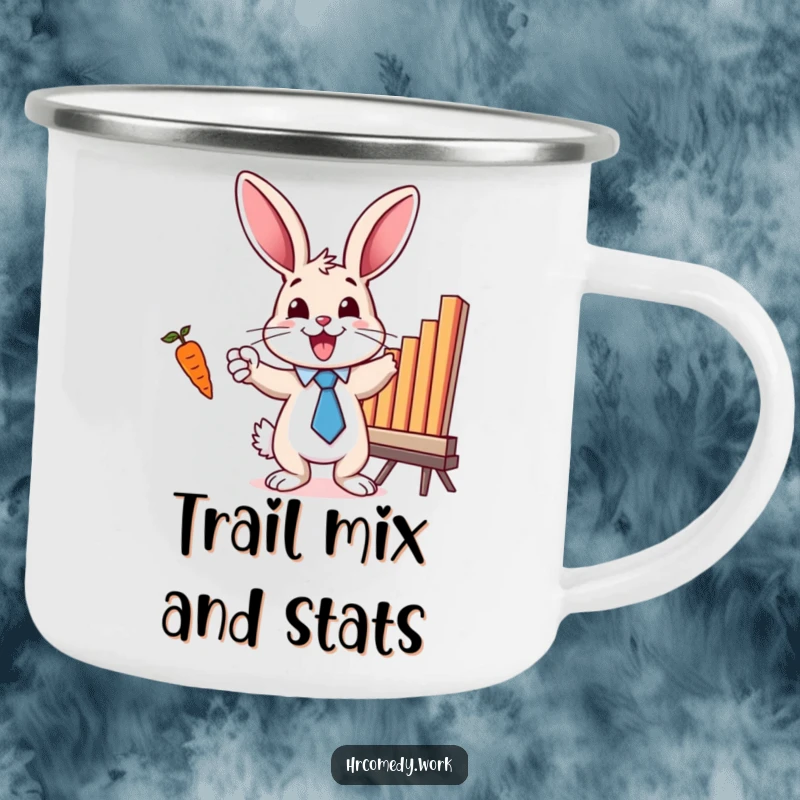 Funny camping mug with a bunny in a tie, excitedly pointing at a bar chart with a carrot, ideal for motivational outdoor fun.