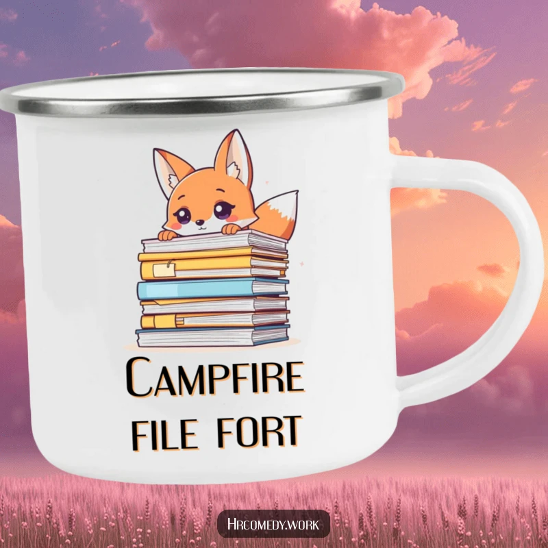 Funny camping mug showing a sly fox peeking over files, ideal for adventurers who appreciate humor and intrigue.