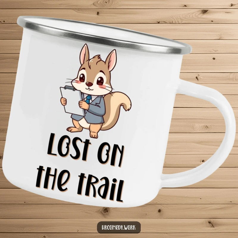 Funny camping mug with a squirrel in a suit holding a clipboard, looking confused, ideal for outdoor adventures and humor.