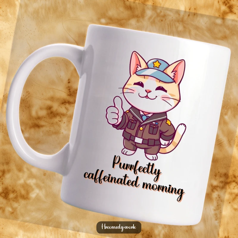 Funny mug showing a cat dressed in a small uniform, enthusiastically giving a big thumbs up with its paw.
