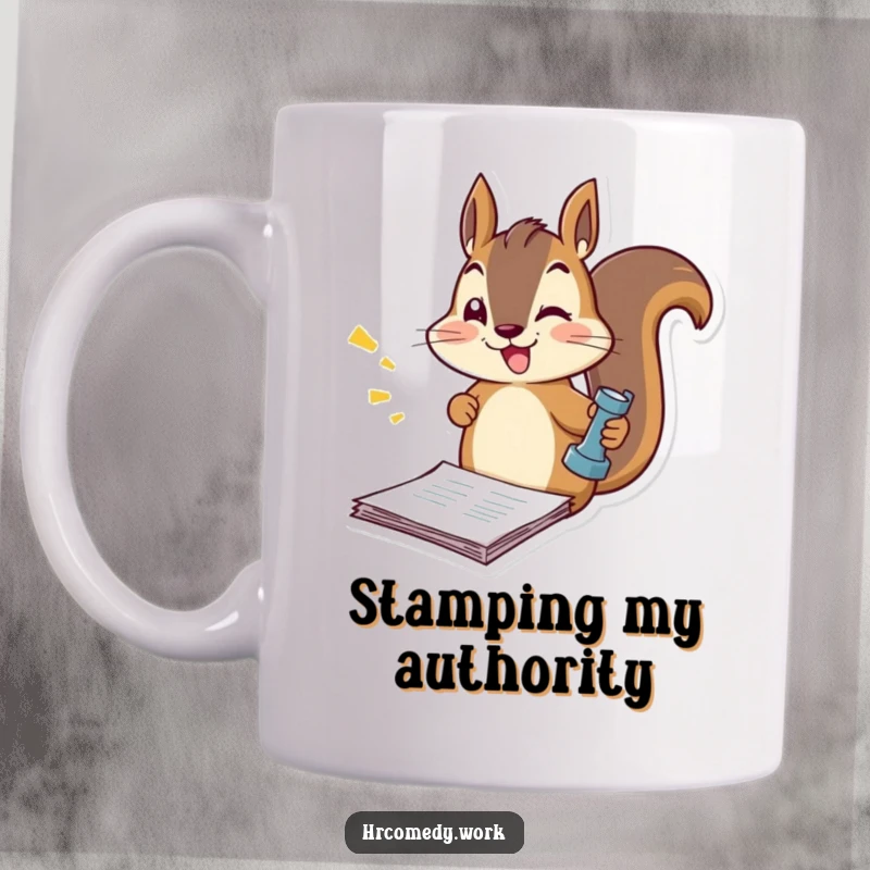 Funny squirrel mug depicting an energetic squirrel furiously stamping official documents, a humorous take on productivity and office life.