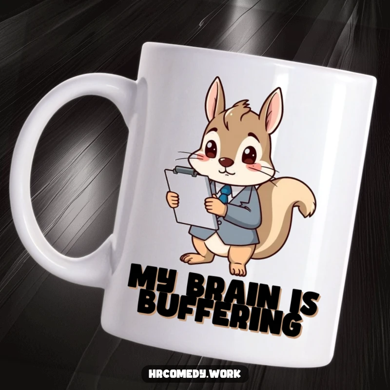 Funny mug showing a squirrel in a tiny suit, holding a large clipboard and looking utterly confused and bewildered by its work.