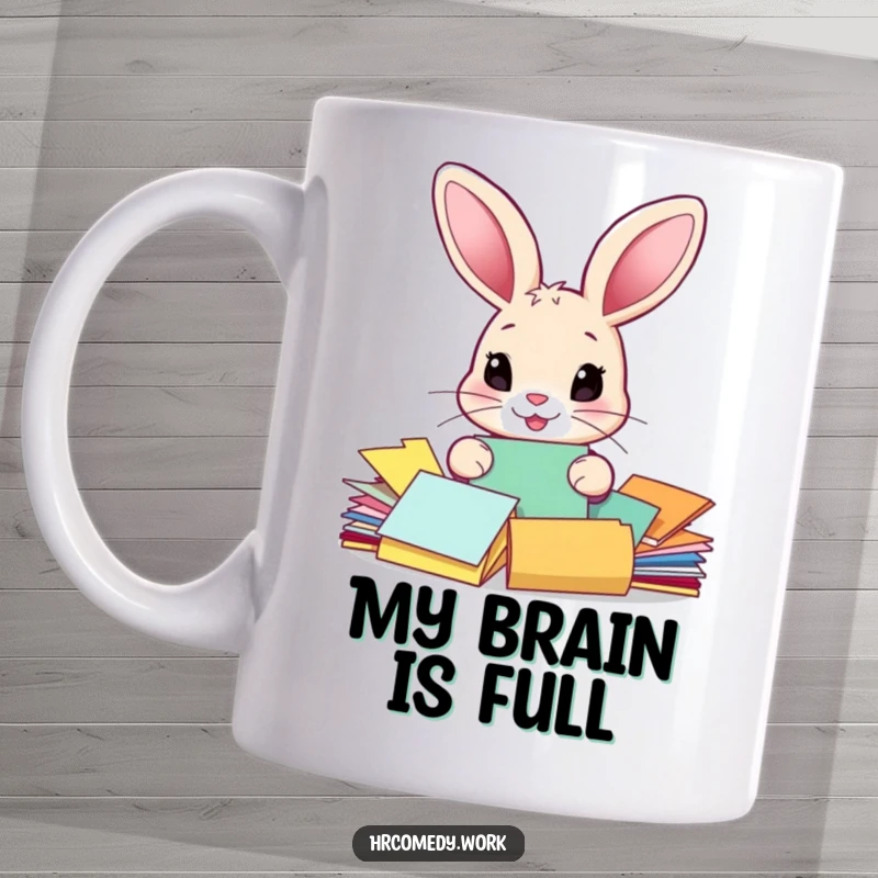 Funny rabbit mug with big ears meticulously sorting colorful paper documents, showcasing a cute and humorous take on office work.