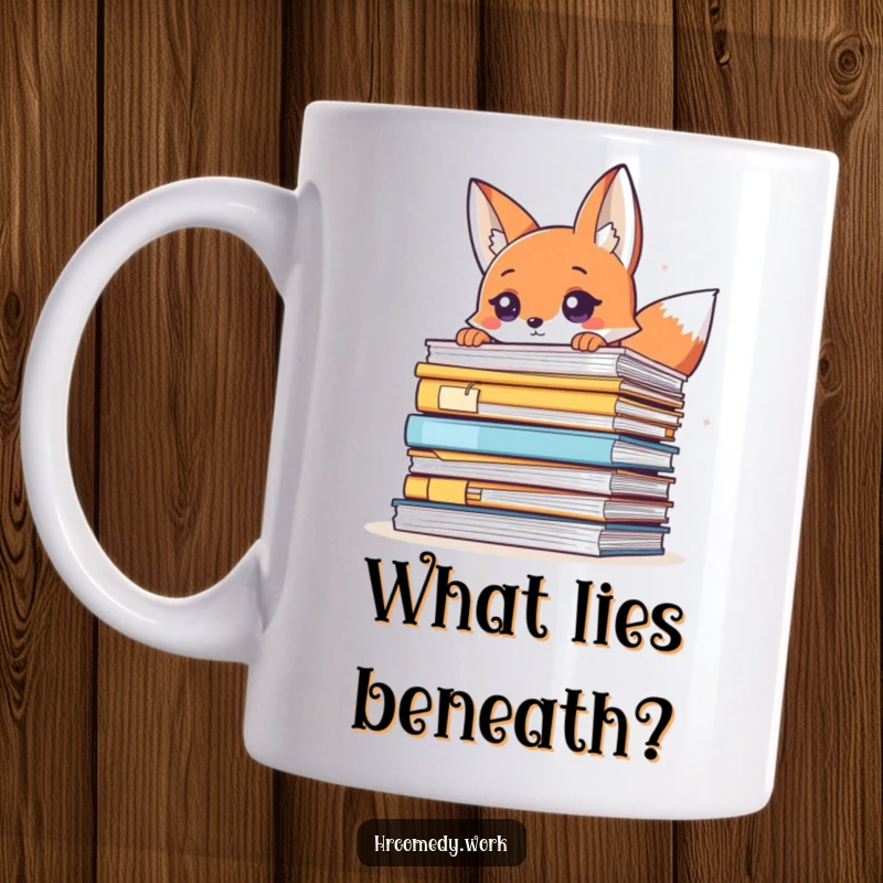 Funny fox mug with a playful fox peeking mischievously over a huge stack of office files, embodying witty curiosity.