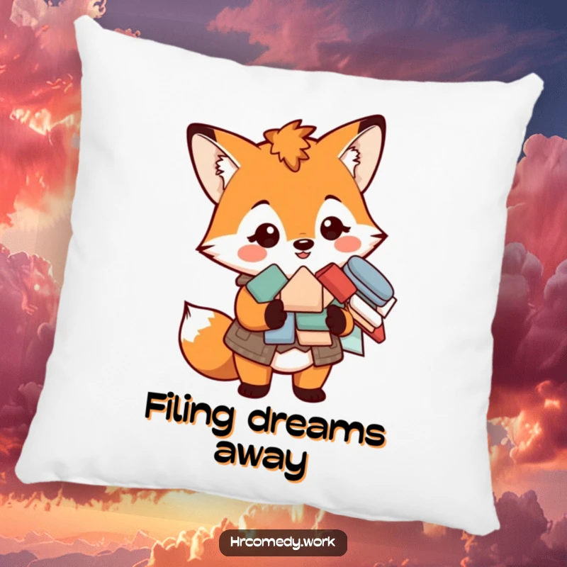 Funny pillow with a soft cushion, showing a smiling fox in a vest holding a pile of forms, perfect for cozy decor.