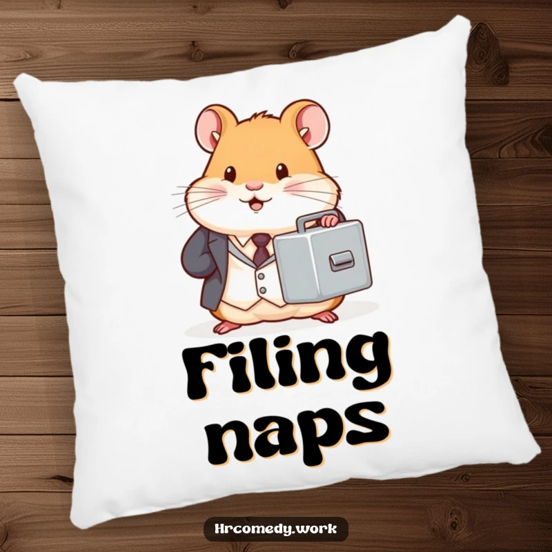 Chubby hamster in a tiny suit holds a miniature filing cabinet, soft decorative pillow, office humor accent, professional animal, gift.