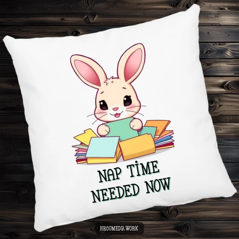 Funny pillow with a cute rabbit character sorting colorful papers, offering soft comfort and a humorous visual accent for any room.