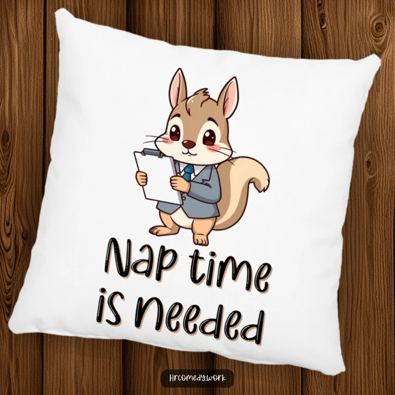 Funny pillow with a soft cushion, showing a squirrel in a suit holding a clipboard and looking hilariously confused.