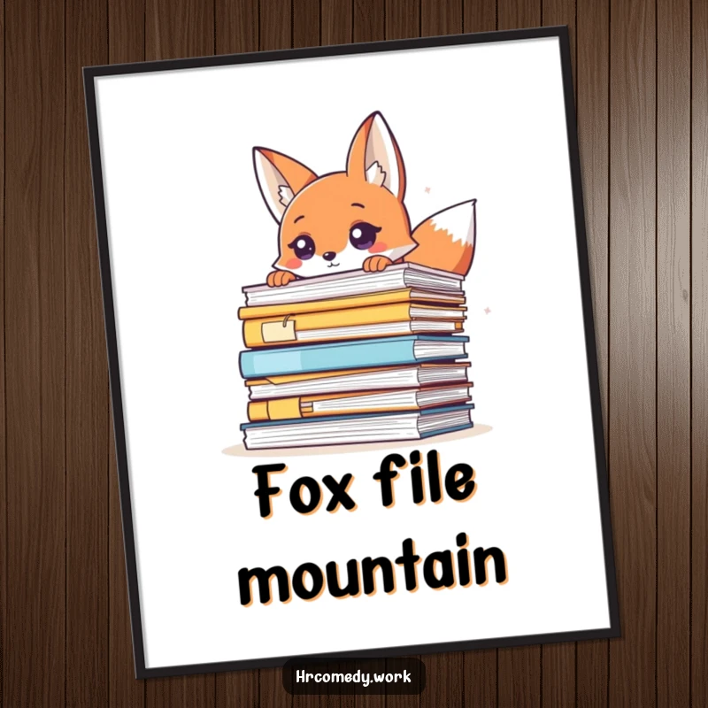 Funny digital art print of a sly fox peeking over a stack of documents, a humorous and mysterious illustration for instant decor.