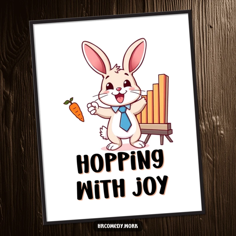 Funny digital art print of a bunny in a tie, excitedly pointing at a bar chart with a carrot, perfect for motivational decor.