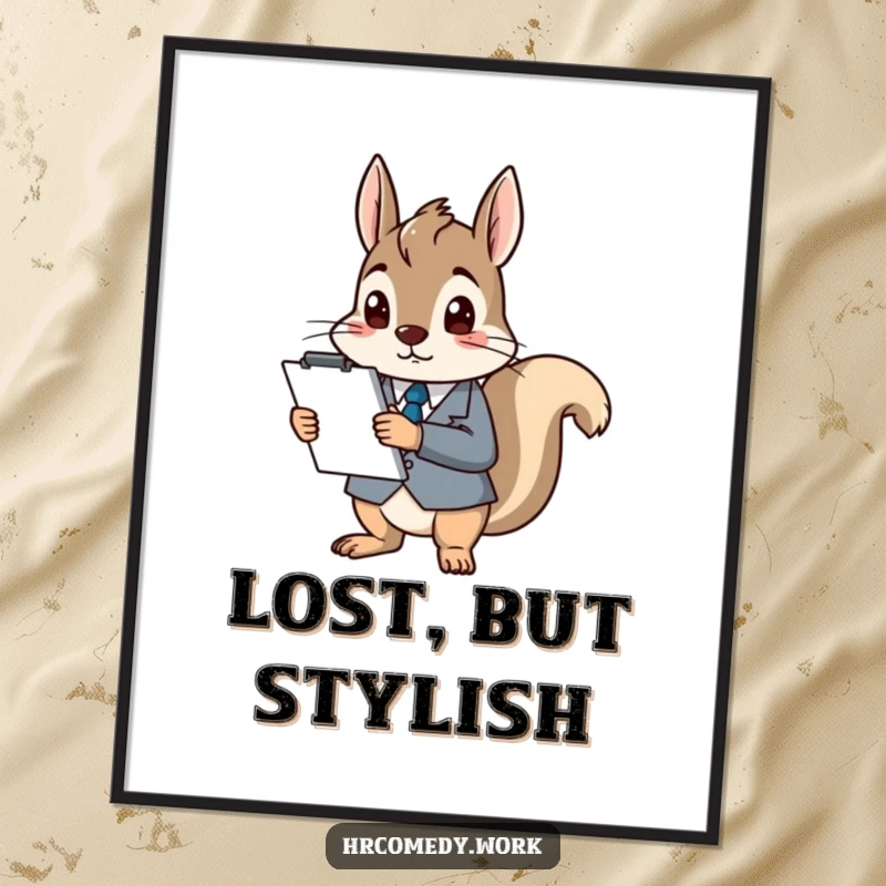 Funny digital art print of a squirrel in a suit holding a clipboard, looking utterly confused and bewildered, for instant wall decor.