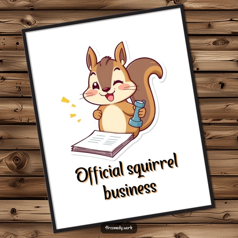 Funny digital art print of an energetic squirrel rapidly stamping official documents, a humorous and dynamic illustration for instant decor.