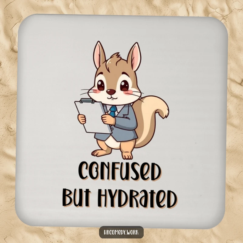Funny coaster featuring a squirrel in a suit, holding a clipboard and looking completely confused, perfect for protecting drinks.