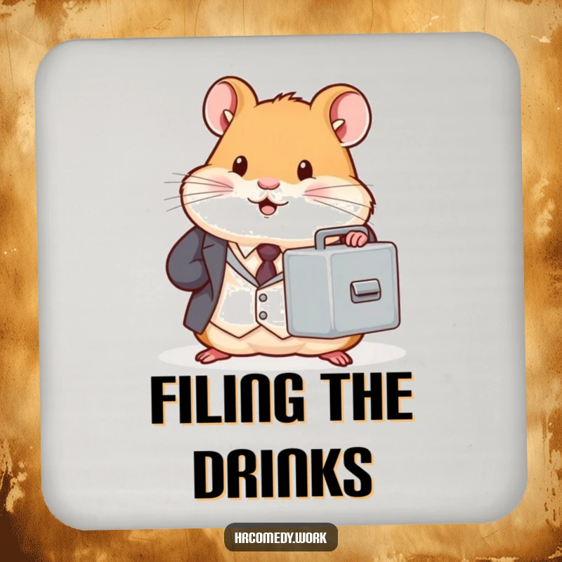 Chubby hamster in a tiny suit holds a miniature filing cabinet, absorbent drink coaster, office humor table accessory, professional rodent, gift.