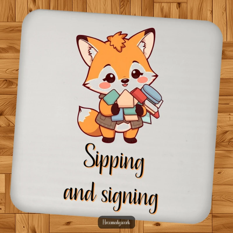 Funny coaster featuring a smiling fox in a vest holding a pile of forms, perfect for protecting drinks with style.