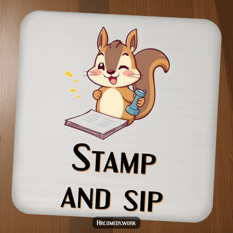 Funny drink coaster with an energetic squirrel stamping official documents, adding a humorous and protective element to tabletops.