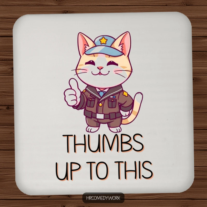 Funny coaster featuring a cat in a small uniform, enthusiastically giving a thumbs up, perfect for drink protection.