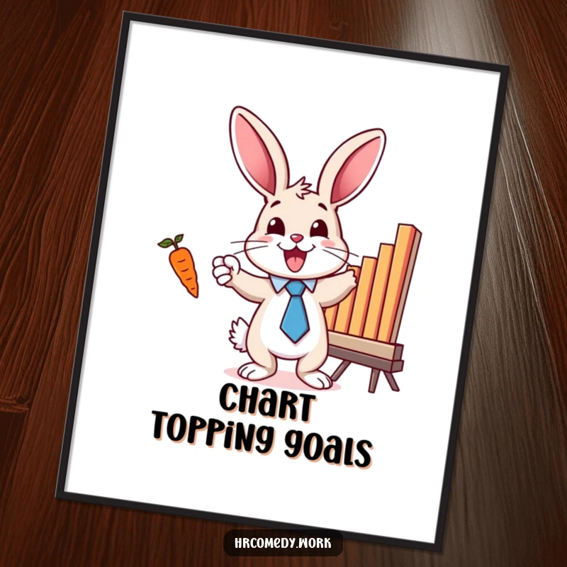 Funny poster art of a bunny in a tie, excitedly pointing at a bar chart with a carrot, symbolizing growth and achievement.