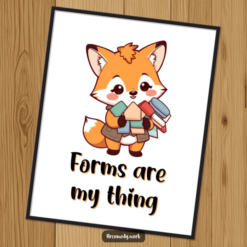 Funny poster art of a smiling fox in a vest, holding a neat pile of forms, symbolizing efficiency and style.