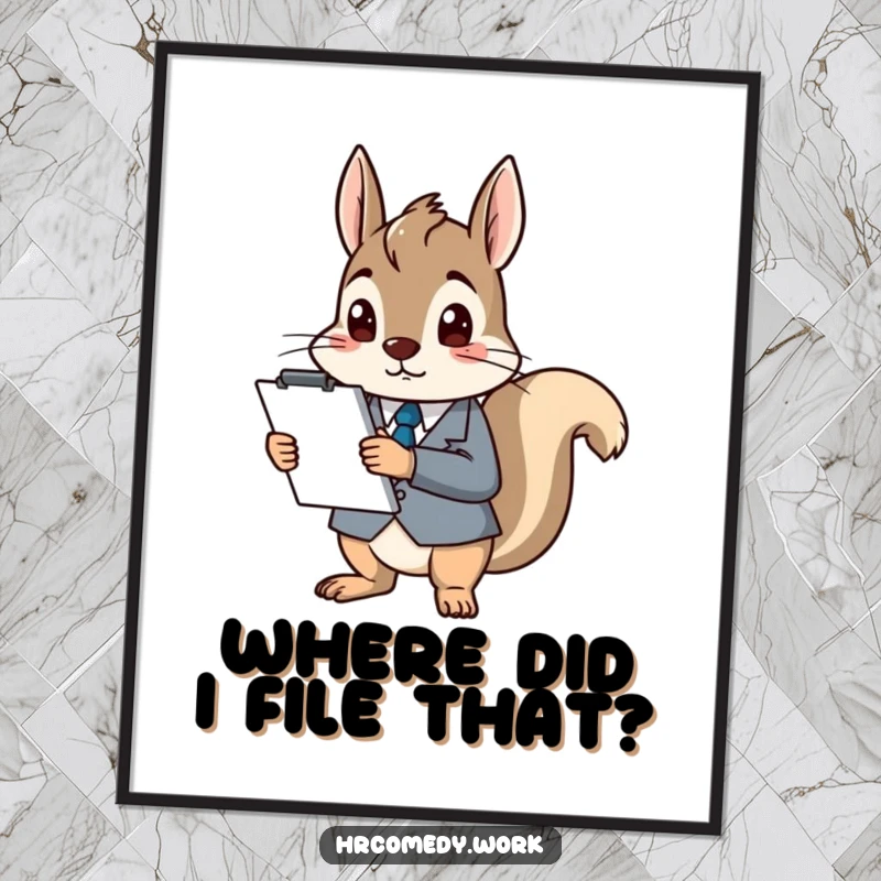 Funny poster art of a squirrel in a suit with a clipboard, looking hilariously confused and unsure of what to do next.