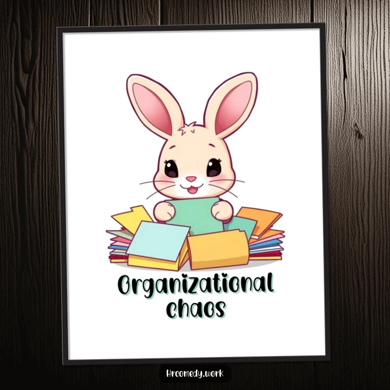 Funny poster of a rabbit with large ears sorting colorful paper documents, an amusing and decorative piece for any wall.