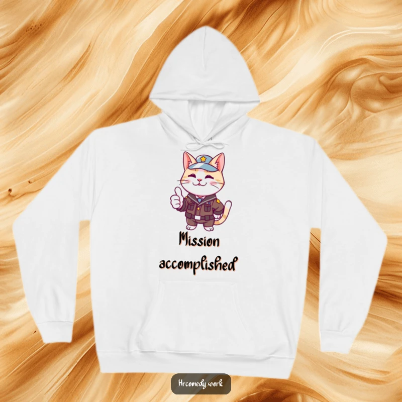 Funny hoodie with a cat in a small uniform, enthusiastically giving a thumbs up, ideal for cozy and cheerful wear.