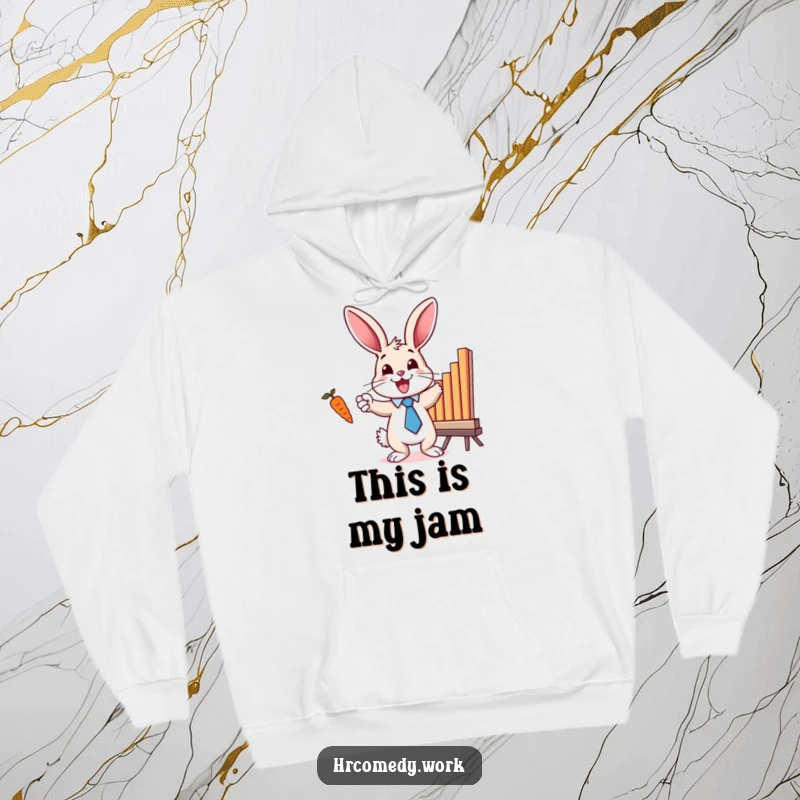 Funny hoodie with a bunny in a tie, excitedly pointing at a bar chart with a carrot, symbolizing achievement and motivation.