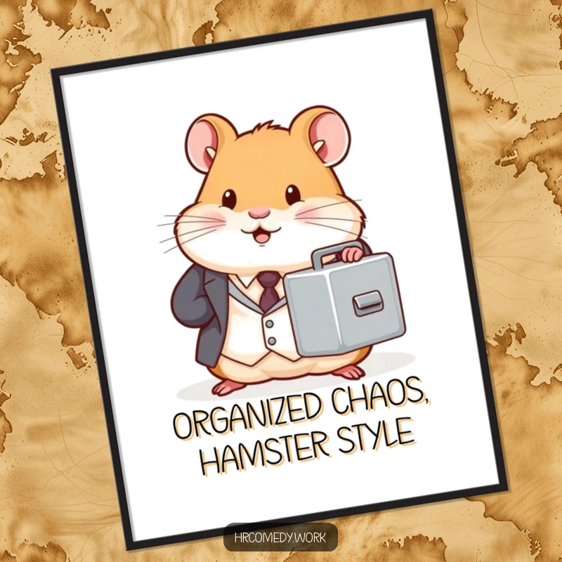 Free Printable Hamster Wall Art: A chubby hamster in a tiny suit diligently holds a small filing cabinet, looking professional.