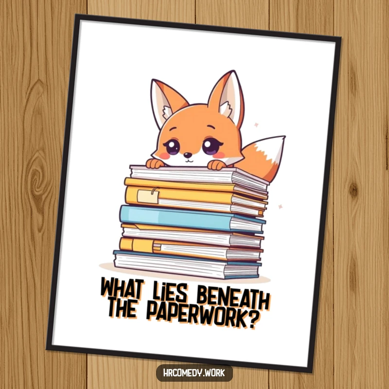 Funny free printable wall art: A mischievous fox with a curious expression peeks over a very large stack of papers.