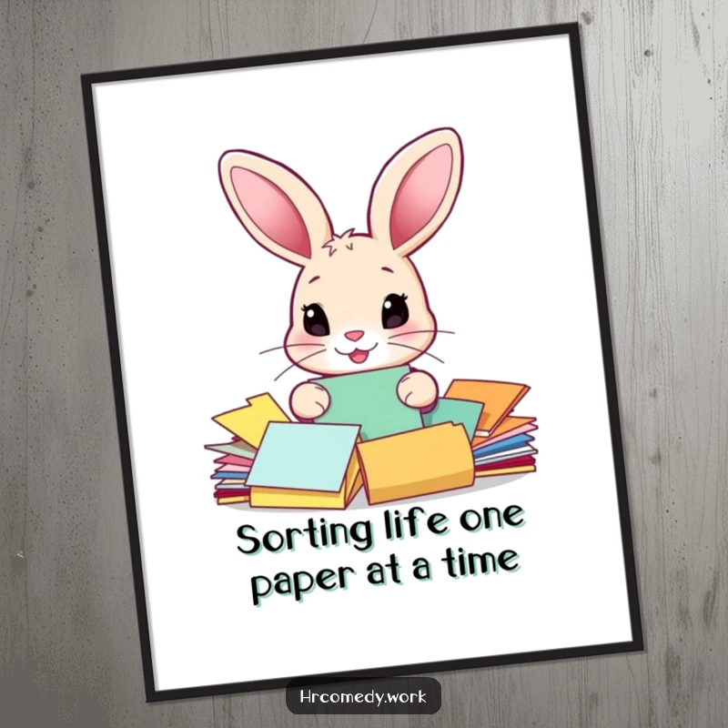 Funny free printable wall art: A whimsical rabbit with large ears is engrossed in sorting a pile of colorful papers.