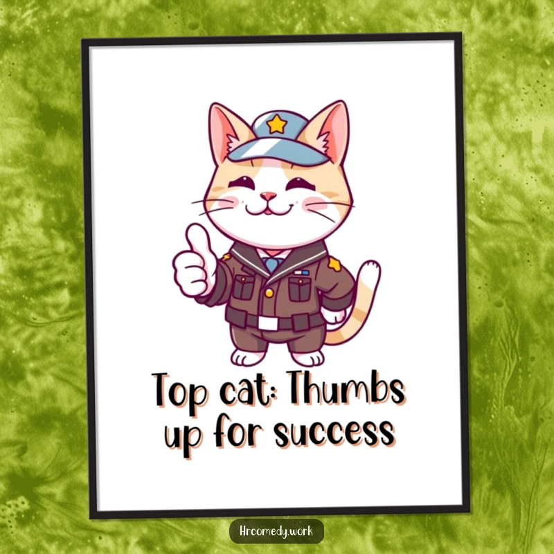 Funny Free Printable Wall Art: A cat in a small uniform giving an enthusiastic thumbs up, radiating positivity and approval.
