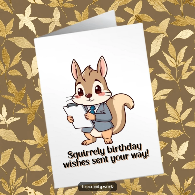 Funny Free Printable Birthday Card: A squirrel in a tiny suit looks bewildered holding a clipboard, perfect for a laugh.