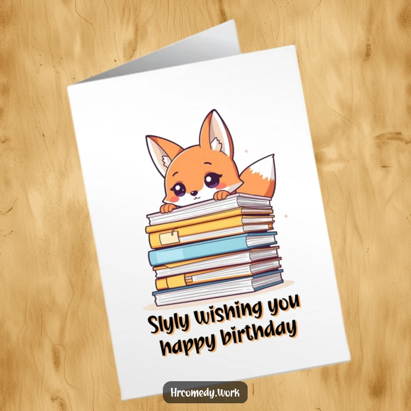 Funny free printable birthday card: A playful fox with a sly grin peeks over a massive stack of files.