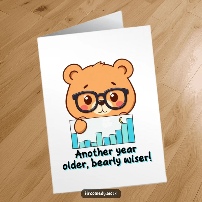 Funny Free Printable Birthday Card: A bear in glasses intently studies a scatter graph, perfect for the data-loving friend.