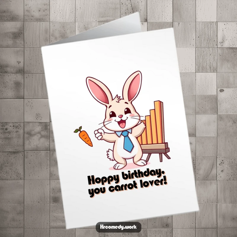 Funny Free Printable Birthday Card: A bunny in a tie excitedly points to a bar chart topped with a carrot, celebrating.