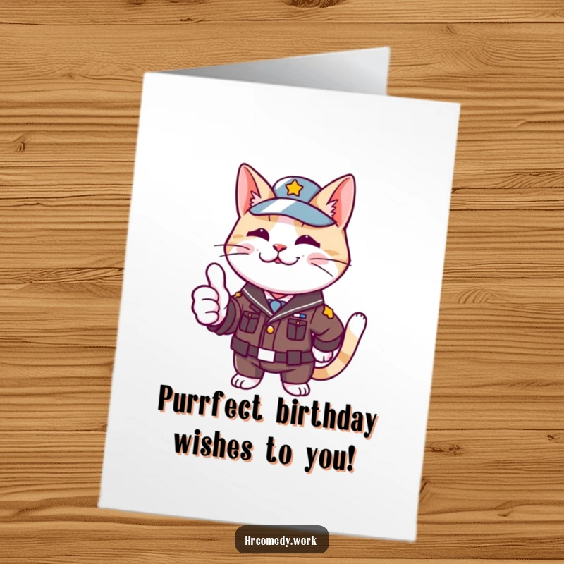 Funny Free Printable Birthday Card: A cat in a small uniform gives an enthusiastic thumbs up, radiating approval.