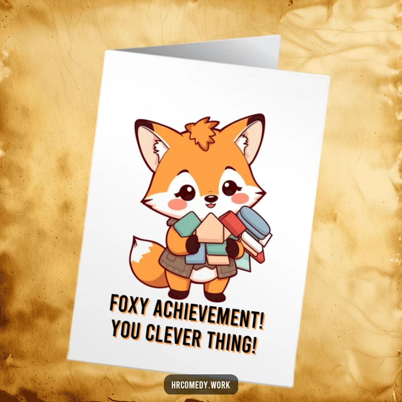 Funny Free Printable Congratulations Card: A smiling fox wearing a vest holds many forms, celebrating accomplishment.