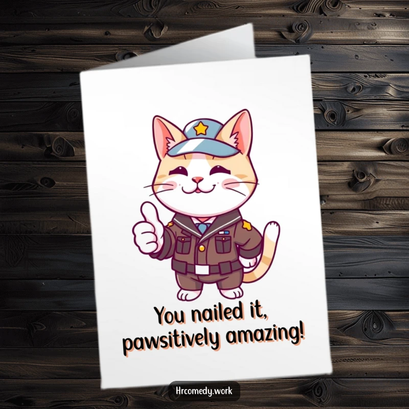 Funny Free Printable Congratulations Card: A cat in uniform enthusiastically giving a thumbs up, a symbol of great achievement.