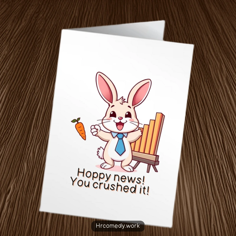 Funny Free Printable Congratulations Card: A bunny in a tie joyfully points at a bar chart decorated with a carrot, marking success.