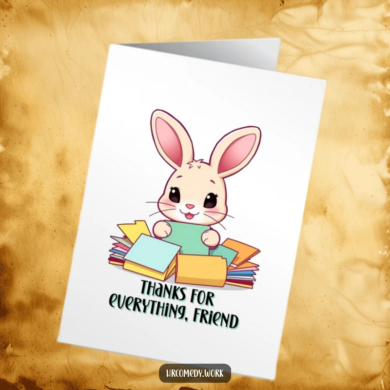 Funny free printable thank you card: A rabbit with oversized ears sorts through colorful papers, conveying thanks with a witty charm.