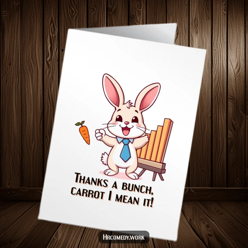 Funny Free Printable Thank You Card: A bunny in a tie excitedly points to a bar chart with a carrot, showing gratitude.