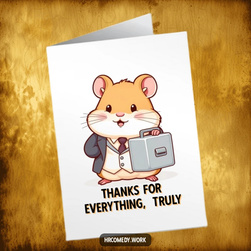Free Printable Hamster Thank You Card: Chubby hamster in a suit holds a filing cabinet, expressing thanks diligently.