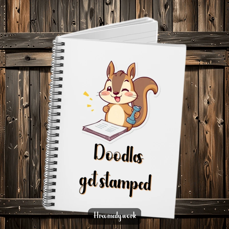 Funny notebook cover with an energetic squirrel stamping official documents, perfect for jotting down notes with a humorous and dynamic design.
