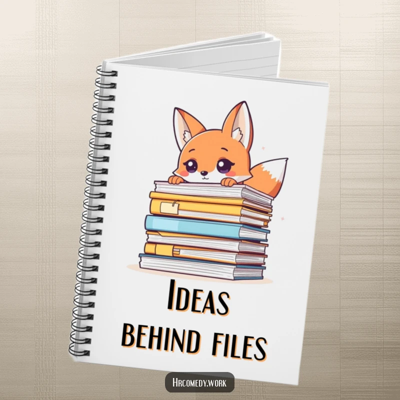 Funny notebook cover with a sly fox peeking over a stack of files, perfect for jotting down notes with a humorous and mysterious design.